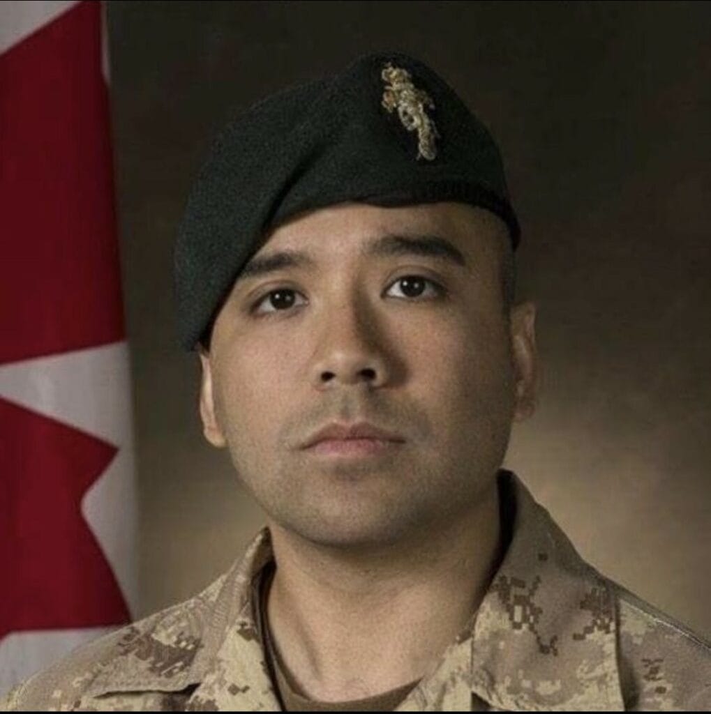 A portrait of a young military officer in uniform, wearing a beret, with a Canadian flag in the background, emphasizing leadership and community service.