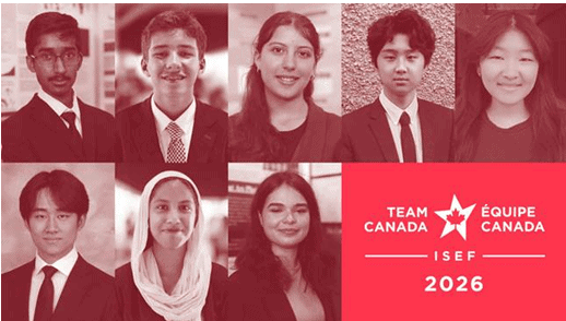 Group photo of diverse youth participants in formal attire representing Youth Science Canada at the 2026 ISEF event, showcasing youth engagement in science and innovation.
