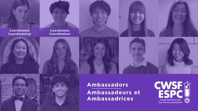 Group of diverse youth science ambassadors smiling, representing Youth Science Canada at a science event, promoting STEM education and youth engagement in science activities.