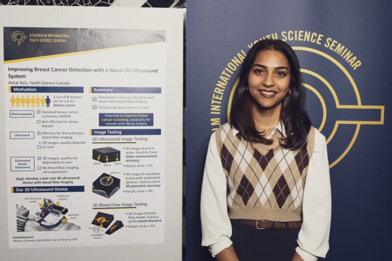 Amal Aziz presenting her research on breast cancer detection using 3D ultrasound at Youth Science Canada seminar in Stockholm.